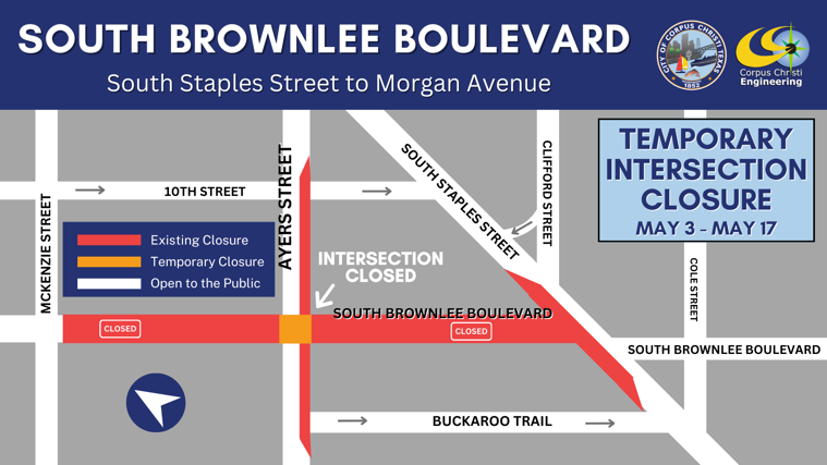 Map showing road closure on Brownlee Boulevard.