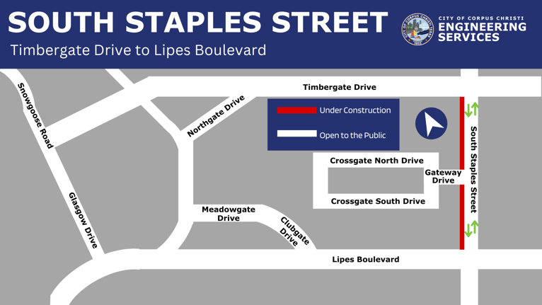 Map showing road closure on South Staples Street