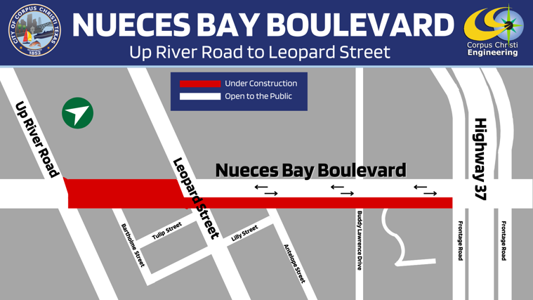 Map showing closure on Nueces Bay Boulevard.