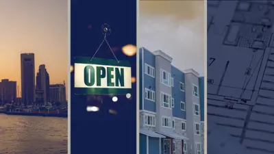 skyline, open sign, apartment facade, floorplan