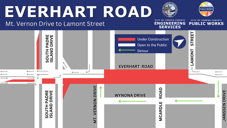 A detailed map showing a complete road closure on Everhart Road from Mt. Vernon Drive to Lamont Street. A detour route following Wynona Drive is also highlighted.