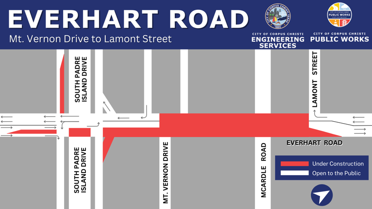 A map showing the complete closure of Everhart Road from Mt. Vernon Drive to Lamont Street