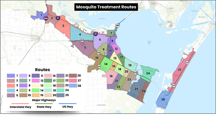 A map showing the 28 mosquito treatment routes around the city.