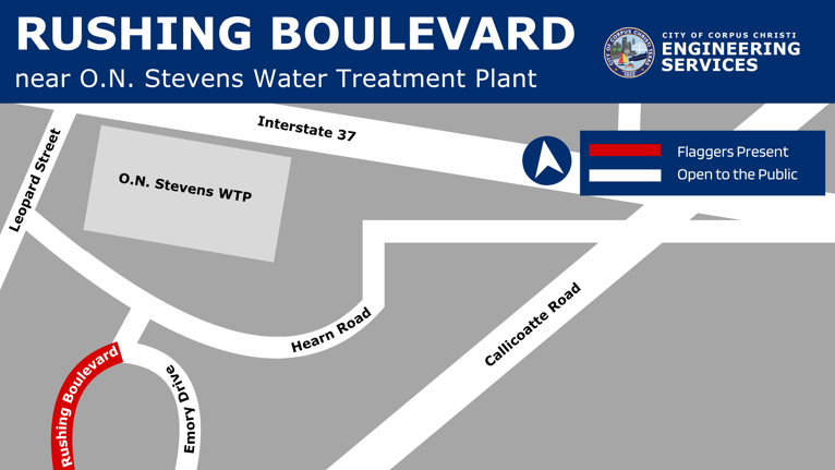Map showing closure on Rushing Boulevard.