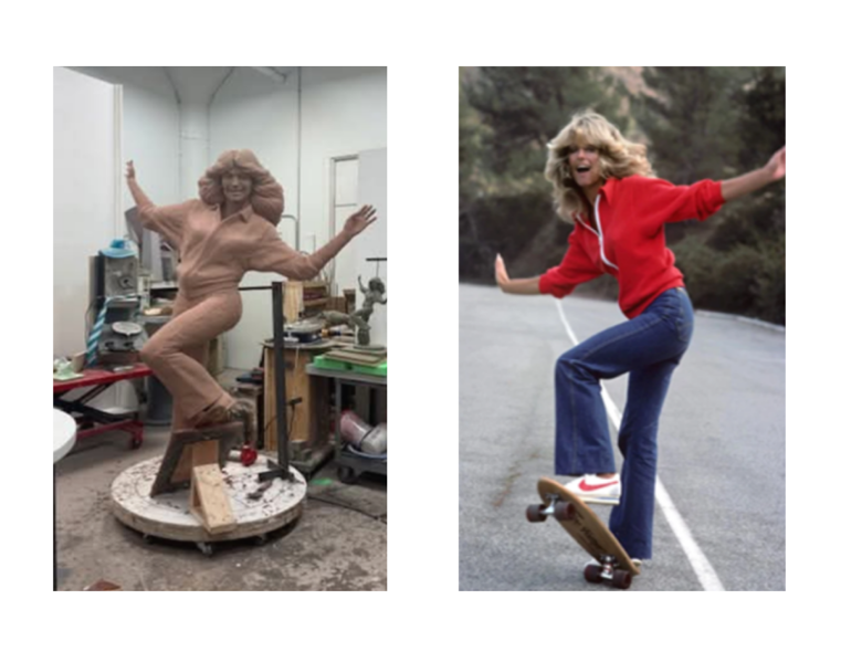 Two photos; one of Farrah Fawcett on skateboard and the other of Farrah Fawcett sculpture