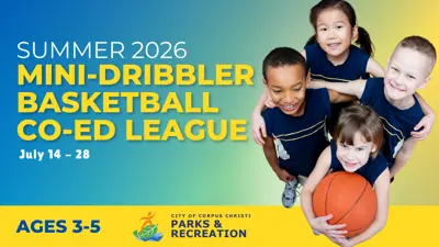 Summer 2026 Mini-Dribbler Basketball Co-ed Leave; July 14 to 28; Ages 3 to 5.