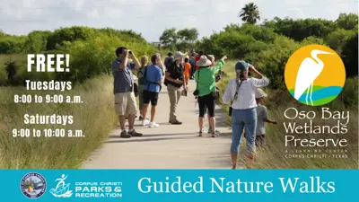 Oso Preserve Free Guided Nature Walks. Tuesdays from 8:00 a.m. to 9:00 a.m. Saturdays from 9:00 a.m. to 10:00 a.m.