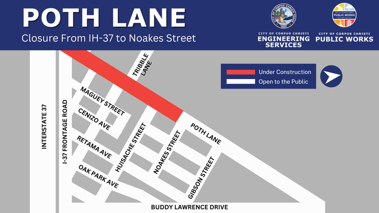 A detailed map showing a closure of Poth Lane from IH-37 to Noakes Street