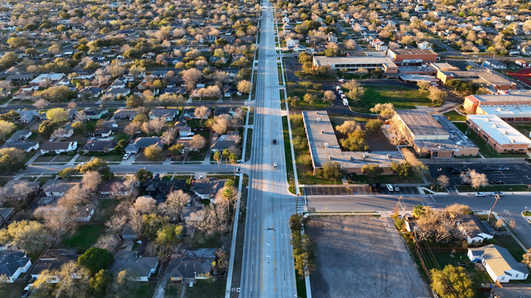 Drone photograph showing Alameda Street construction is complete