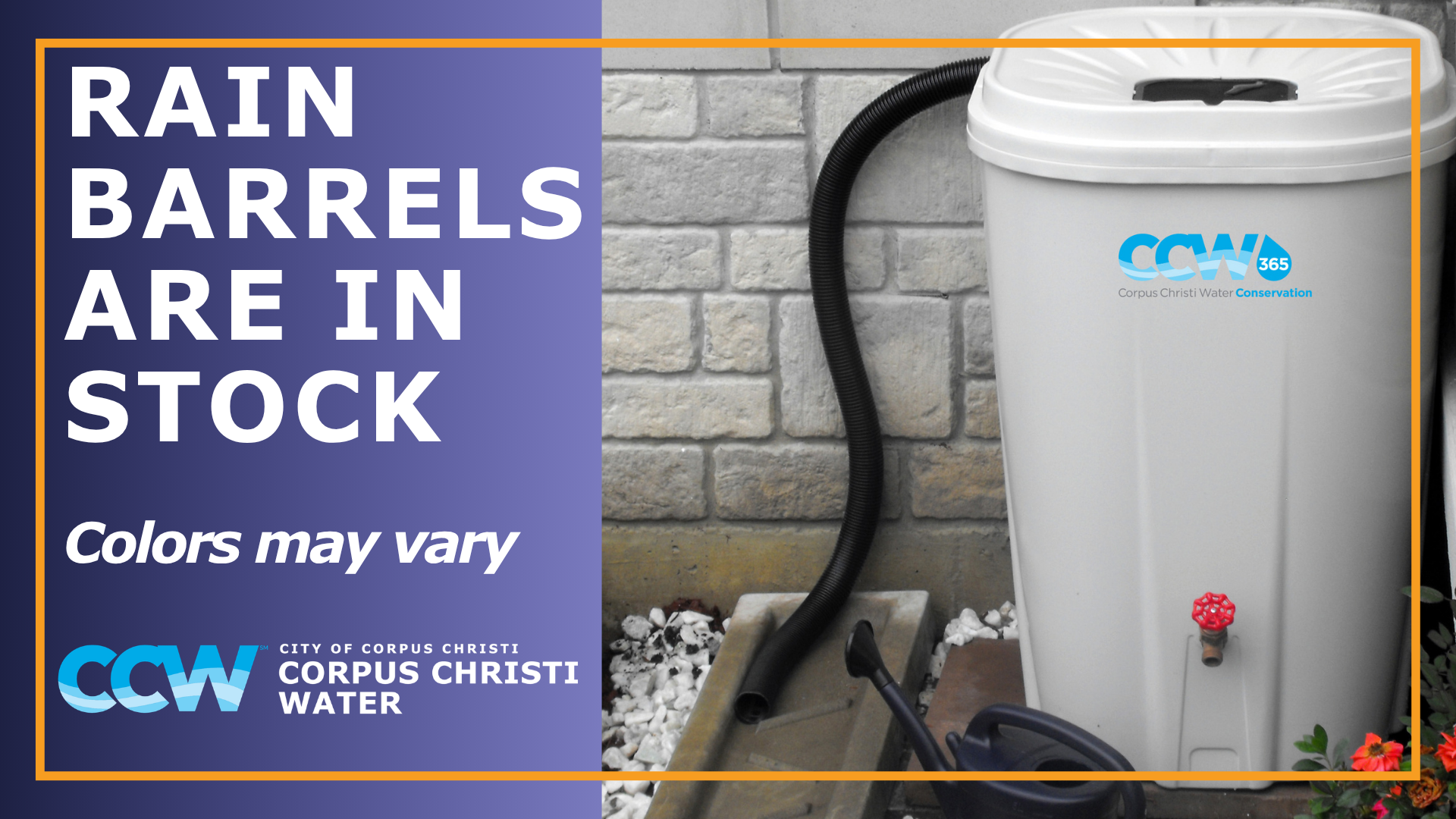 Rain Barrels are in Stock. Colors may vary.