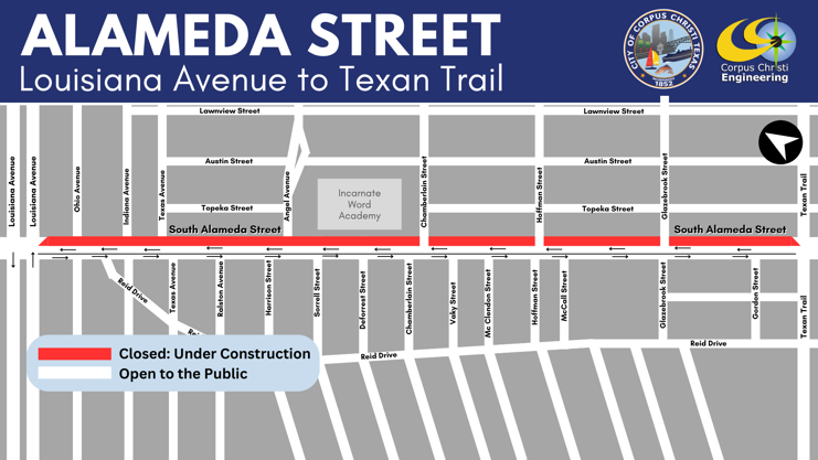 Map showing road closure on Alameda Street.