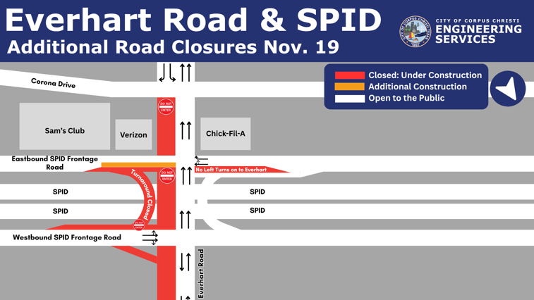 Map showing closures at Everhart Road and SPID.