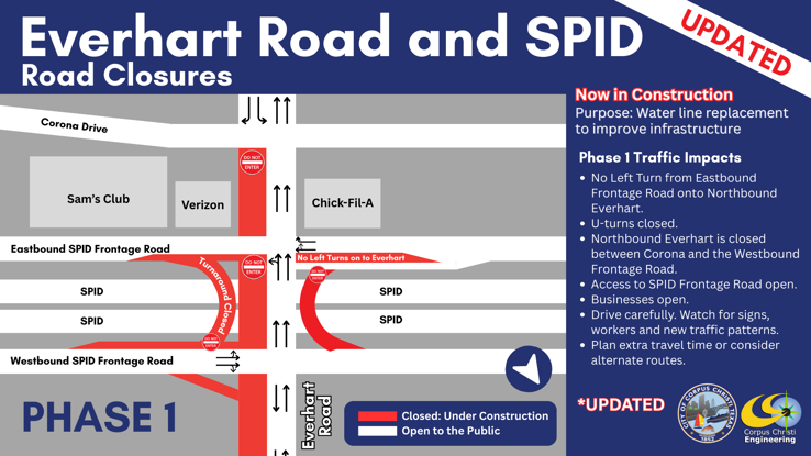 An updated graphic showing the map of the Everhart Road and SPID Road Closures with additional phase 1 traffic impacts.