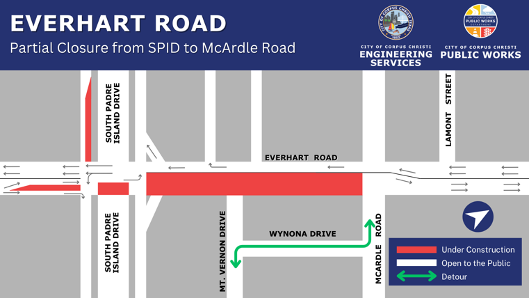 Map showing closure on Everhart Road
