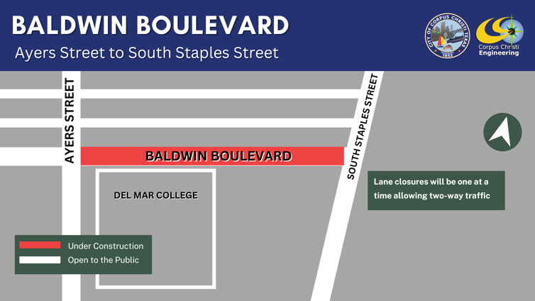 Map showing road closure on Baldwin Boulevard.
