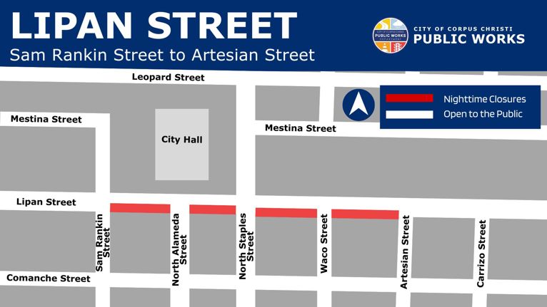 A map showing a nighttime lane closure on Lipan Street between Sam Rankin Street and Artesian Street