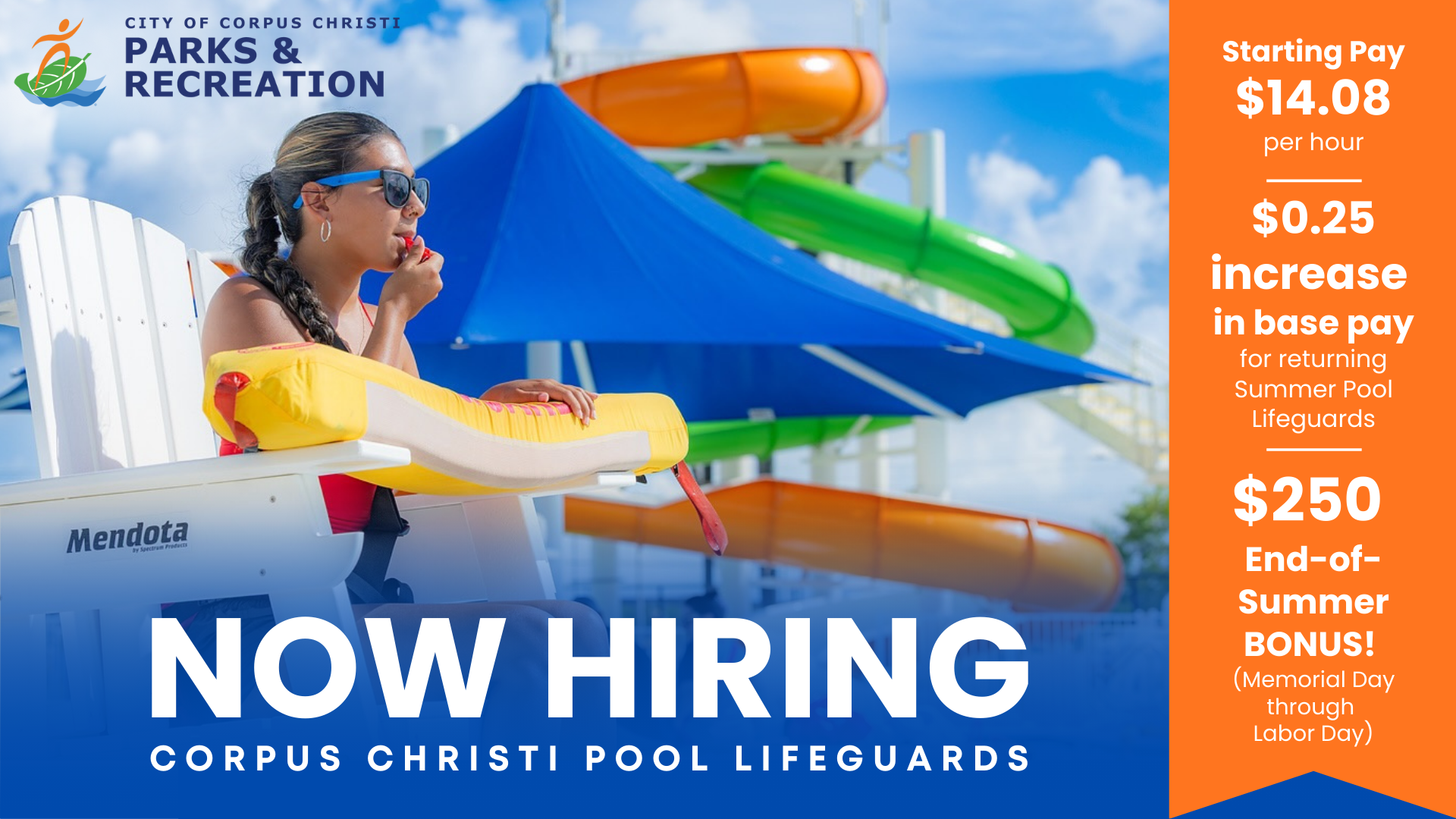 Now hiring Pool lifeguards. Starting pay is $14.08 (a $0.25 increase in base pay) for returning lifeguards. Plus a $250 end-of-summer bonus!
