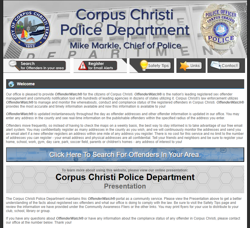 Screenshot of Sex Offender Database Website