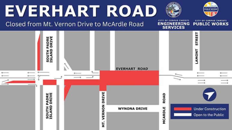 Map showing closure on Everhart Road.
