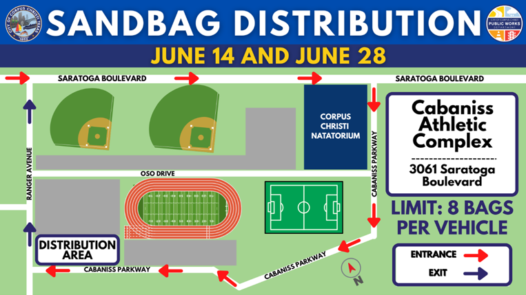 Map showing route for sandbag distribution.