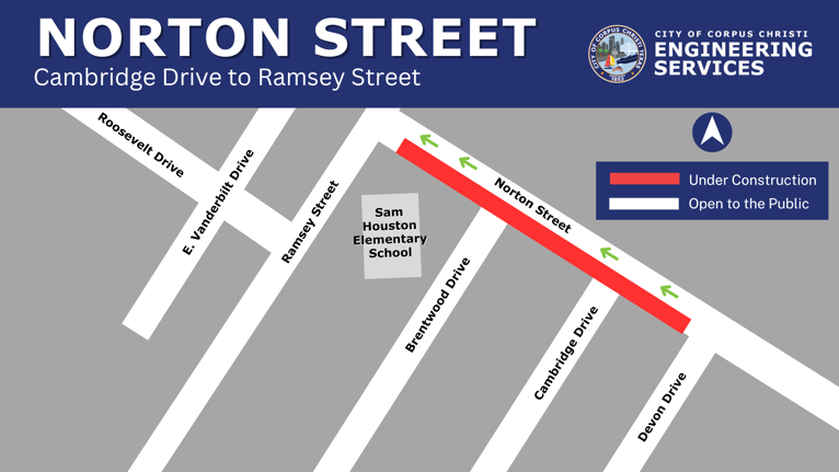 A map showing a lane closure and one-way westbound traffic on Norton Street