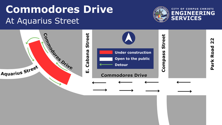 Map showing closure on Commodores Drive.